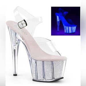 Pleaser Heels. 7” clear black light glitter ankle strap sandal.  Size 9.